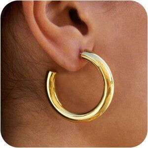 Chunky Gold Hoop Earrings: 14K Gold Plated, Non Tarnish, Lightweight, Open Tube